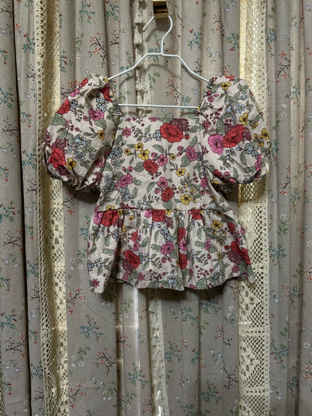 Girls Floral Puff Sleeve Peplum Top Cottagecore Sizeβ 6 EUC